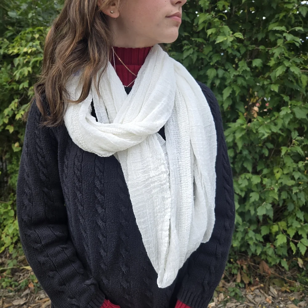 Vintage infinity scarf gauze, white lightweight‎ virgin wool blend RN 14750